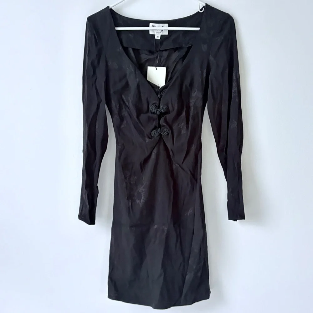 ROUJE PARIS Nancia Floral Jacquard Silk Satin Black Mini Dress Frog Knot Detail - Picture 10 of 16